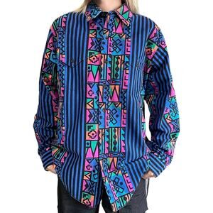 Vintage 80s 90s Wrangler Shirt Aztec Striped Button Down Western Cowboy Blue XL